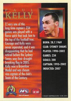 2012 Select AFL Eternity - Hall of Fame Series 4 #HF189 Paul Kelly Back